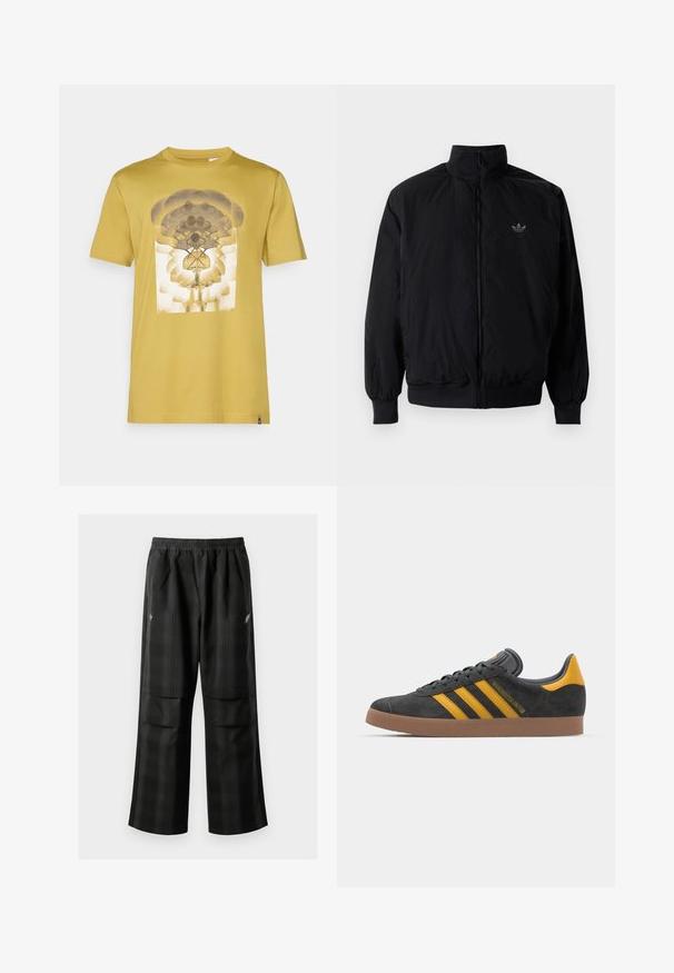 Chaqueta negra con cremallera y cuello alto, hecha de material ligero. Cuenta con puños y cinturilla elásticos, y un pequeño logo en la parte superior izquierda.; Camiseta de algodón amarilla con un diseño gráfico central que presenta formas redondeadas y un patrón floral en gris y blanco. Mangas cortas, cuello redondo.; Pantalones de cuadros negros con cintura elástica, dos bolsillos frontales y un ajuste holgado con diseño de pierna recta. Fabricados en material ligero.; Zapatillas de ante negro con acentos amarillos, que presentan tres franjas y una suela de goma marrón. Incluyen una lengüeta acolchada para mayor comodidad.