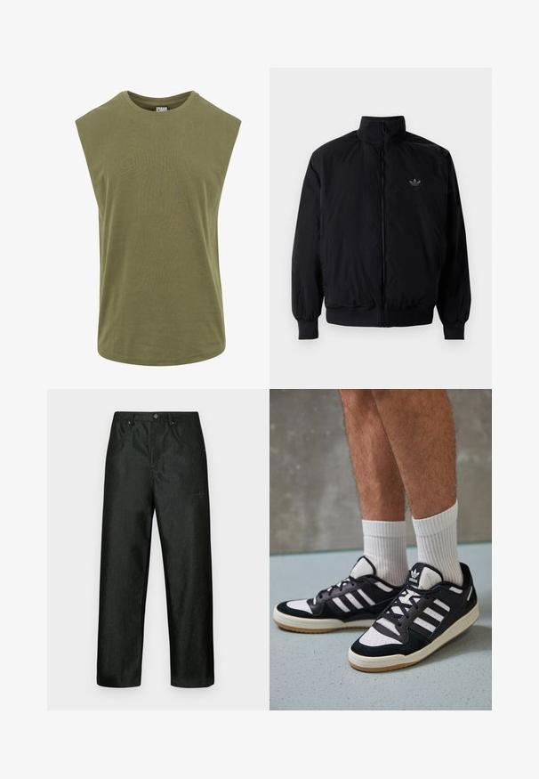 Giacca nera con zip e colletto alto, realizzata in materiale leggero. Presenta polsini e vita elastici, con un piccolo logo in alto a sinistra.; T-shirt senza maniche di colore verde oliva, realizzata in morbido cotone, con scollatura rotonda e una vestibilità ampia e rilassata, caratterizzata da una superficie liscia e uniforme.; Pantaloni neri con una leggera lucentezza, caratterizzati da un taglio a gamba dritta, due tasche frontali e un logo discreto sulla parte superiore sinistra.; Sneaker bianco e nero con tomaia in suede e pelle, caratterizzati da tre strisce bianche, punta perforata e suola in gomma naturale.