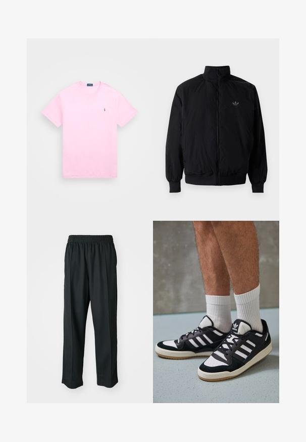 Veste noire à fermeture éclair avec col haut, fabriquée en matériau léger. Dotée de poignets et d'une taille élastiques, avec un petit logo en haut à gauche.; T-shirt en coton rose à col rond avec des manches courtes et un petit logo brodé sur la poitrine gauche. Texture lisse, coupe standard.; Pantalons de sport noirs avec une taille élastique, fabriqués en tissu lisse, présentant des coutures latérales discrètes et une coupe décontractée, avec un design à jambes droites.; Baskets noir et blanc avec une tige en suède et cuir, comportant trois rayures blanches, un bout perforé et une semelle en caoutchouc gum.