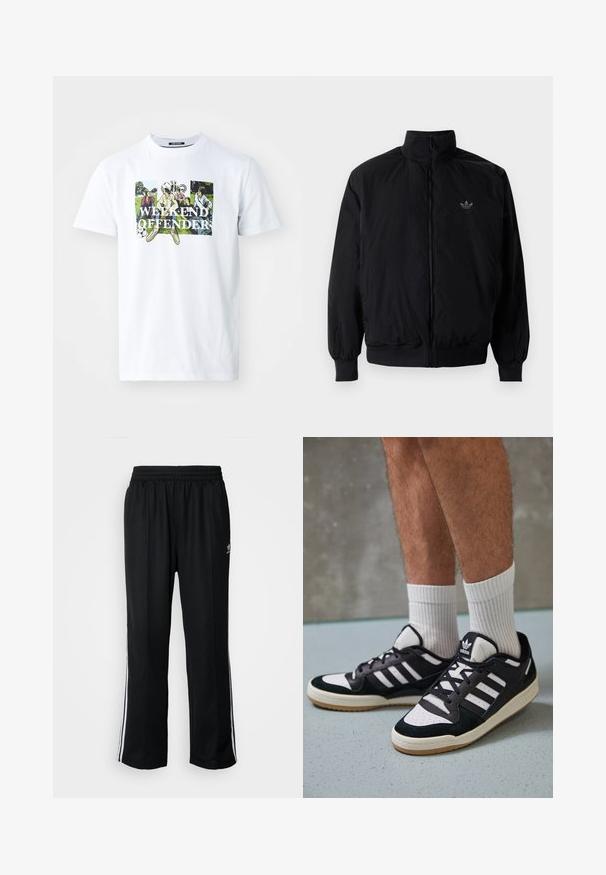 Black zipped jacket with high collar, made of lightweight material. Features elastic cuffs and waistband, with a small logo on the upper left.; White cotton t-shirt featuring a colorful graphic print of figures in a park with the phrase "WEEKEND OFFENDER" in bold black lettering.; Black athletic pants with an elastic waistband, featuring white side stripes and a small logo. Material appears soft and lightweight.; Black and white sneakers with a suede and leather upper, featuring three white stripes, a perforated toe, and a gum rubber sole.