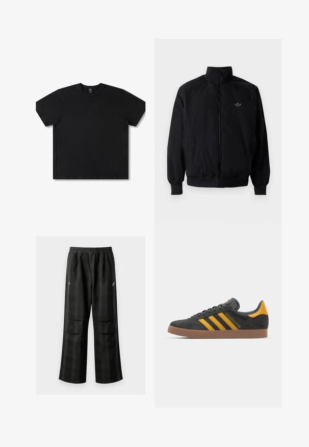 Čierna zips kombinéza s vysokým golierom, vyrobená z ľahkého materiálu. Obsahuje elastické manžety a pás, s malým logom na hornej ľavej strane.; Čierne tričko s krátkym rukávom vyrobené z bavlny s okrúhlym výstrihom, s jemným logom na strede a vo voľnom strihu.; Čierne kockované nohavice s elastickým pásom, dvoma prednými vreckami a voľným strihom so rovnými nohavicami. Vyrobené z ľahkého materiálu.; Čierne semišové tenisky so žltými akcentmi, ktoré majú tri pruhy a hnedú gumovú podrážku. Obsahujú vypolstrovaný jazyk pre pohodlie.