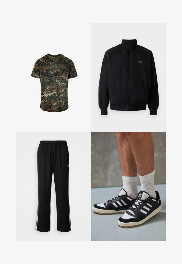 Černá zipová bunda s vysokým límcem, vyrobená z lehkého materiálu. Má elastické manžety a pas, s malým logem na horní levé straně.; Maskovací tričko vyrobené z bavlny s vícetonovým vzorem v zelené, hnědé a černé barvě. Kulatý límec a krátké rukávy.; Černé sportovní kalhoty s elastickým pasem, s bílými bočními pruhy a malým logem. Materiál vypadá měkce a lehce.; Černobílé tenisky s vrchní částí z semišové a kožené kůže, včetně tří bílých pruhů, perforovaného špičky a podrážky z gumy.