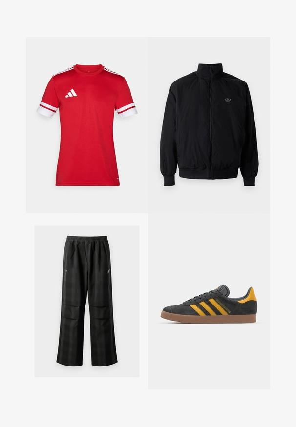 Crna jakna na zip s visokim ovratnikom, izrađena od laganog materijala. Ima elastične manžete i pojas, s malim logotipom na gornjem lijevom dijelu.; Crvena atletska majica s kratkim rukavima. Bijeli detalji na rukavima i tri bijele pruge na ramenima. Izrađena od glatkog, laganog materijala.; Crne karirane hlače s elastičnom urezom, dva prednja džepa i ležernim krojem s ravnim nogavicama. Izrađene su od laganog materijala.; Crne nubuk tenisice s žutim detaljima, sa tri pruge i smešnim gumenim potplatom. Imaju jastučić na jeziku za udobnost.