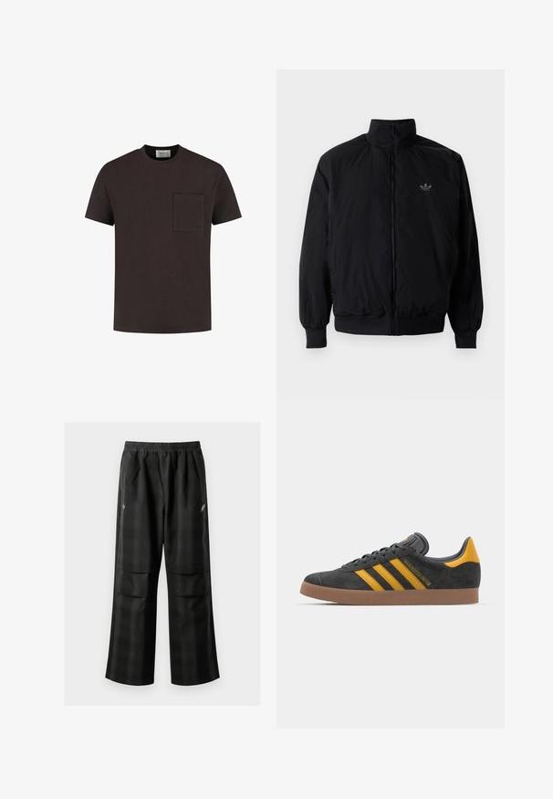 Zwarte geluiting jack met hoge kraag, gemaakt van lichtgewicht materiaal. Voorzien van elastische manchetten en tailleband, met een klein logo op de linkerbovenkant.; Donkerbruin T-shirt met korte mouwen van gestructureerde stof, met een borstzak en een subtiele logodetail. Klassiek ronde hals ontwerp.; Zwarte geruite broek met een elastische tailleband, twee voorzakken en een losse pasvorm met een rechte pijpdesign. Gemaakt van lichtgewicht materiaal.; Zwarte suède sneakers met gele accenten, voorzien van drie strepen en een bruine rubberen zool. Inclusief een gevoerde tong voor comfort.