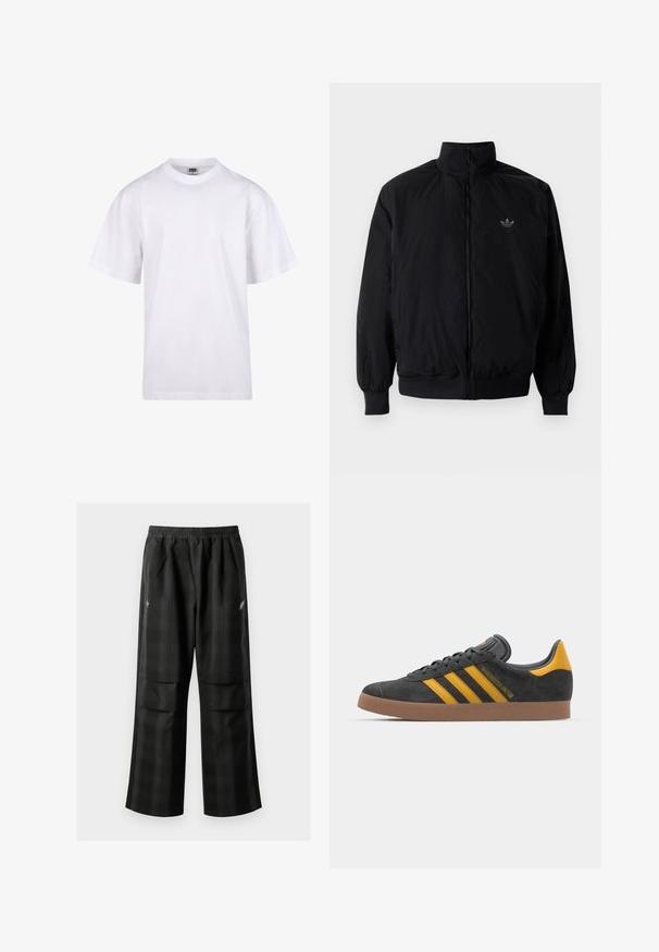 Černá zipová bunda s vysokým límcem, vyrobená z lehkého materiálu. Má elastické manžety a pas, s malým logem na horní levé straně.; Bílé bavlněné tričko s kulatým výstřihem, krátkými rukávy a volným střihem. Má jednoduchý design bez vzorů nebo akcentů.; Černé kostkované kalhoty s elastickým pasem, dvěma předními kapsami a volným střihem se rovnými nohavicemi. Vyrobeny z lehkého materiálu.; Černé semišové tenisky se žlutými akcenty, vybavené třemi pruhy a hnědou gumovou podrážkou. Obsahují polstrovaný jazyk pro pohodlí.