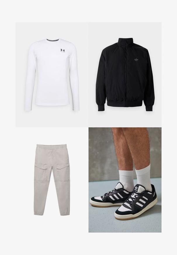 Musta vetoketjullinen takki, jossa on korkea kaulus, valmistettu kevyestä materiaalista. Varustettu joustavilla hihoilla ja vyötäröllä, ja ylävasemmalla on pieni logo.; Valkoinen pitkähihainen urheilupaita, joka on valmistettu sileästä kankaasta. Paidassa on pyöreä kaula-aukko ja pieni musta logo vasemmassa yläkulmassa.; Vaaleanharmaat cargo-housut, joissa on joustava vyötärö, kapenevat lahkeet, kaksi etutaskua ja sävy sävyyn ompeleet. Sileä puuvillakangas, minimalistinen muotoilu.; Valkoiset ja mustat tennarit, joissa on mokkanahka- ja nahkapäällinen, kolme valkoista raitaa, rei'itetty kärki ja kumipohja.
