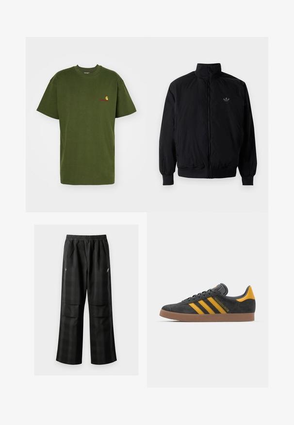 Black zipped jacket with high collar, made of lightweight material. Features elastic cuffs and waistband, with a small logo on the upper left.; Carhartt WIP AMERICAN SCRIPT - Basic T-shirt - tarragon; Black plaid pants featuring an elastic waistband, two front pockets, and a loose fit with a straight leg design. Made from lightweight material.; Black suede sneaker with yellow accents, featuring three stripes and a brown rubber sole. Includes a padded tongue for comfort.