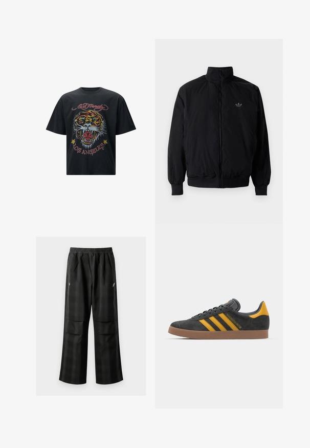 Black zipped jacket with high collar, made of lightweight material. Features elastic cuffs and waistband, with a small logo on the upper left.; Black short-sleeved t-shirt featuring a large, colorful tiger graphic print, with red and yellow accents, and "Ed Hardy Los Angeles" text.; Black plaid pants featuring an elastic waistband, two front pockets, and a loose fit with a straight leg design. Made from lightweight material.; Black suede sneaker with yellow accents, featuring three stripes and a brown rubber sole. Includes a padded tongue for comfort.
