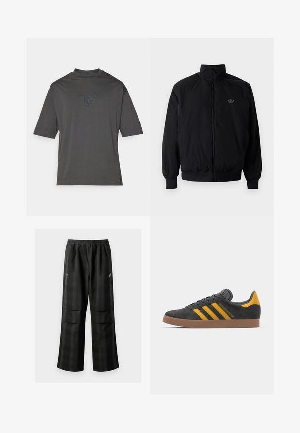 Chaqueta negra con cremallera y cuello alto, hecha de material ligero. Cuenta con puños y cinturilla elásticos, y un pequeño logo en la parte superior izquierda.; Camiseta gris de mangas cortas hecha de algodón, con un sutil logo de toro azul bordado en el pecho y un cuello redondo.; Pantalones de cuadros negros con cintura elástica, dos bolsillos frontales y un ajuste holgado con diseño de pierna recta. Fabricados en material ligero.; Zapatillas de ante negro con acentos amarillos, que presentan tres franjas y una suela de goma marrón. Incluyen una lengüeta acolchada para mayor comodidad.