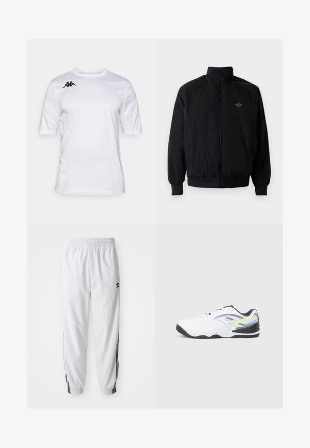 Svart zipjacka med hög krage, tillverkad av lätt material. Har elastiska cuffar och midja, med en liten logo på övre vänster.; Vit kortärmad sporttröja med rund halsringning och svart Kappa-logotyp på högra axeln.; Vitaidiga byxor med svarta sidostrecker, elastisk midja och muddar; har Adidas-logga på vänster lår. Slät tygtextur.; Vitaid känga med texturerad ovandel, prydd med blå och gröna detaljer, en vadderad krage och en svart gummisula med ett mönster.
