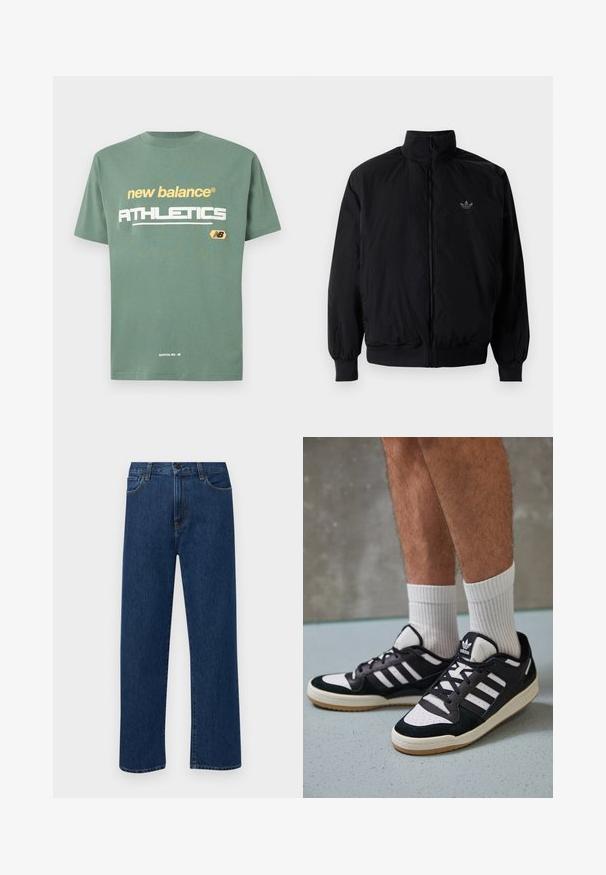 Black zipped jacket with high collar, made of lightweight material. Features elastic cuffs and waistband, with a small logo on the upper left.; Green cotton t-shirt featuring "new balance" and "ATHLETICS" printed in yellow and white, with a small logo on the chest. Simple design.; Dark blue straight-leg denim jeans with front pockets and a button closure, displayed on a plain white background.; Black and white sneakers with a suede and leather upper, featuring three white stripes, a perforated toe, and a gum rubber sole.