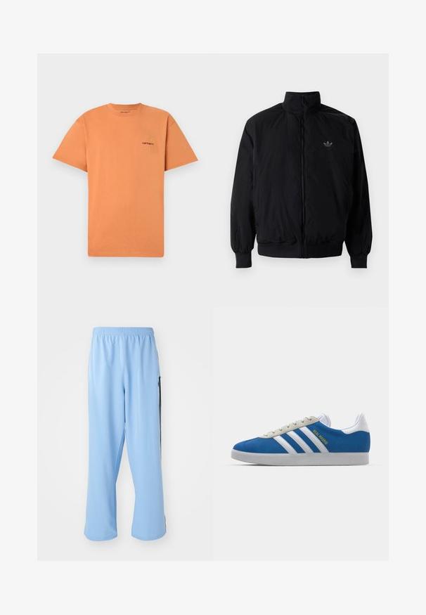 Giacca nera con zip e colletto alto, realizzata in materiale leggero. Presenta polsini e vita elastici, con un piccolo logo in alto a sinistra.; T-shirt in cotone arancione con scollo rotondo e maniche corte. Presenta un piccolo logo ricamato Carhartt in rosso e giallo sul petto.; Pantaloni sportivi azzurri chiari realizzati in tessuto morbido, con vita elasticizzata e strisce laterali nere a contrasto.; adidas Originals ADIDAS GAZELLE SHOES - Scarpe da calcio indoor - real madrid/bluebird/footwear white/crew yellow