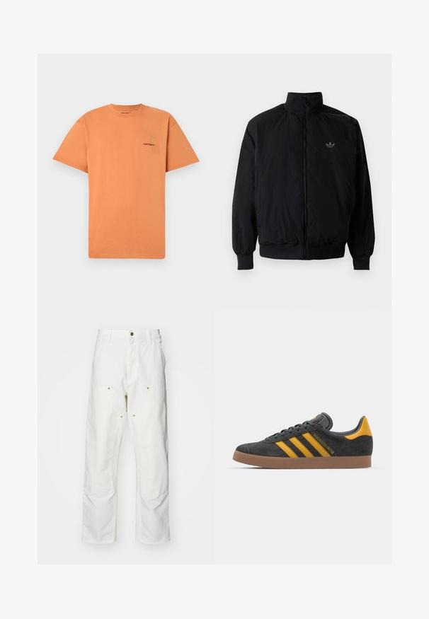 Black zipped jacket with high collar, made of lightweight material. Features elastic cuffs and waistband, with a small logo on the upper left.; Orange cotton t-shirt with a crew neckline and short sleeves. Features a small embroidered Carhartt logo in red and yellow on the chest.; White cotton cargo pants with a relaxed fit. Features include front pockets, gold hardware accents, and reinforced knee sections.; Black suede sneaker with yellow accents, featuring three stripes and a brown rubber sole. Includes a padded tongue for comfort.