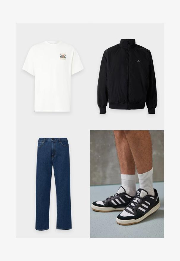 Black zipped jacket with high collar, made of lightweight material. Features elastic cuffs and waistband, with a small logo on the upper left.; White cotton t-shirt with short sleeves, featuring a small, colorful mountain and sun graphic on the left chest. Classic crew neck design.; Dark blue straight-leg denim jeans with front pockets and a button closure, displayed on a plain white background.; Black and white sneakers with a suede and leather upper, featuring three white stripes, a perforated toe, and a gum rubber sole.