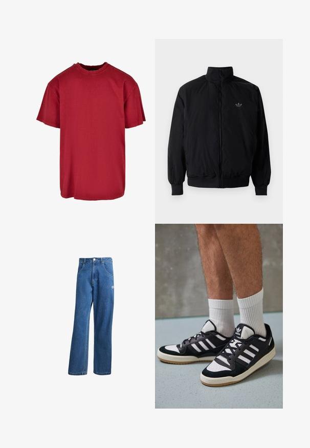 Sort lynlåsjakke med høj krave, fremstillet af letvægtsmateriale. Har elastiske manchetter og talje, med et lille logo på øverste venstre side.; Rød bomulds T-shirt med afslappet pasform, korte ærmer, rund halsudskæring og slidte detaljer nær skuldrene. Ingen synlige logoer.; Blå højtaljede viddebukser i denim med forlommer, bælteløkker, knaplukning og lille Adidas-logo på højre lår.; Sorte og hvide sneakers med en overdel i ruskind og læder, der har tre hvide striber, en perforeret tå og en sål i gummigummi.