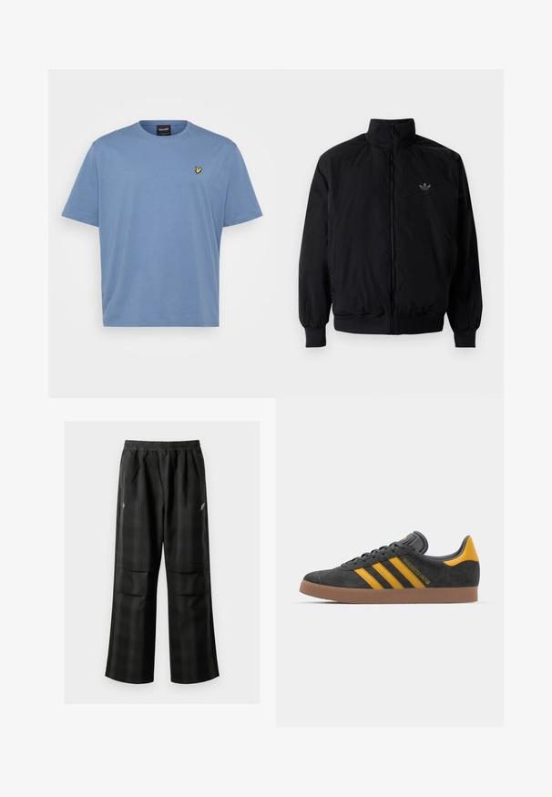 Black zipped jacket with high collar, made of lightweight material. Features elastic cuffs and waistband, with a small logo on the upper left.; Light blue cotton t-shirt with a classic crew neck. Features a small embroidered yellow logo on the left chest. Short sleeves, relaxed fit.; Black plaid pants featuring an elastic waistband, two front pockets, and a loose fit with a straight leg design. Made from lightweight material.; Black suede sneaker with yellow accents, featuring three stripes and a brown rubber sole. Includes a padded tongue for comfort.