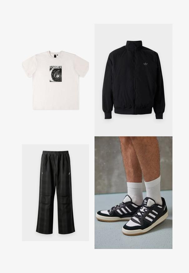 Black zipped jacket with high collar, made of lightweight material. Features elastic cuffs and waistband, with a small logo on the upper left.; Short-sleeve white cotton t-shirt featuring a black graphic print with the word "FORMER" and a spiral design on the front.; Black plaid pants featuring an elastic waistband, two front pockets, and a loose fit with a straight leg design. Made from lightweight material.; Black and white sneakers with a suede and leather upper, featuring three white stripes, a perforated toe, and a gum rubber sole.