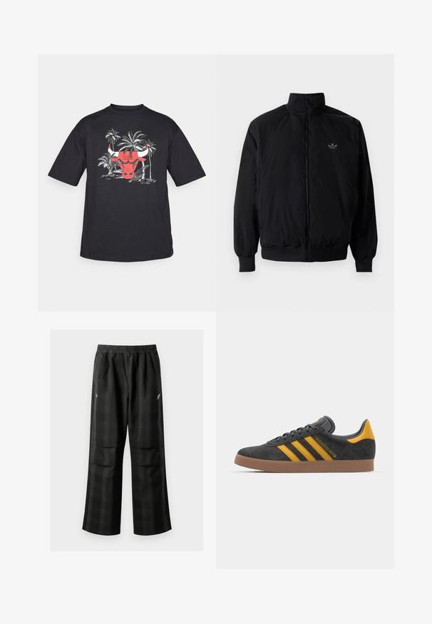Čierna zips kombinéza s vysokým golierom, vyrobená z ľahkého materiálu. Obsahuje elastické manžety a pás, s malým logom na hornej ľavej strane.; Čierne tričko s krátkym rukávom s grafikou červenej býčej hlavy, obklopené bielymi ilustráciami paliem. Bavlnený materiál, voľný strih.; Čierne kockované nohavice s elastickým pásom, dvoma prednými vreckami a voľným strihom so rovnými nohavicami. Vyrobené z ľahkého materiálu.; Čierne semišové tenisky so žltými akcentmi, ktoré majú tri pruhy a hnedú gumovú podrážku. Obsahujú vypolstrovaný jazyk pre pohodlie.