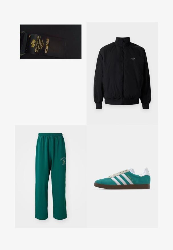 Czarna kurtka zapinana na zamek z wysokim kołnierzem, wykonana z lekkiego materiału. Posiada elastyczne mankiety i pas, oraz małe logo na górnej lewej stronie.; Czarna metka z materiału z żółtym napisem przedstawiającym nazwę marki "Alpha Industries", instrukcje pielęgnacji oraz informacje o produkcji.; Zielone spodnie sportowe z gładkiego materiału, z elastycznym paskiem w talii, logo nadrukowane z boku oraz białymi bocznymi paskami. Klasyczny krój.; adidas Originals GAZELLE miętowy