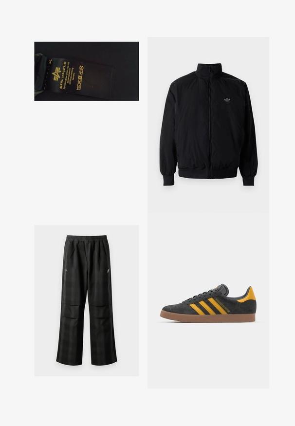 Zwarte geluiting jack met hoge kraag, gemaakt van lichtgewicht materiaal. Voorzien van elastische manchetten en tailleband, met een klein logo op de linkerbovenkant.; Zwart stoffen waslabel met gele tekst met daarop de merknaam "Alpha Industries", wasinstructies en fabricagegegevens.; Zwarte geruite broek met een elastische tailleband, twee voorzakken en een losse pasvorm met een rechte pijpdesign. Gemaakt van lichtgewicht materiaal.; Zwarte suède sneakers met gele accenten, voorzien van drie strepen en een bruine rubberen zool. Inclusief een gevoerde tong voor comfort.