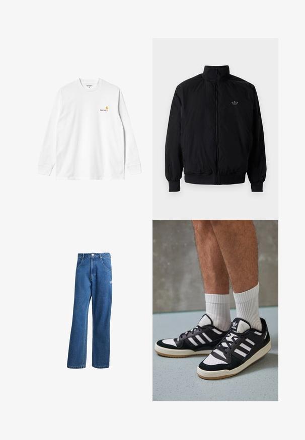 Black zipped jacket with high collar, made of lightweight material. Features elastic cuffs and waistband, with a small logo on the upper left.; Long-sleeve white cotton T-shirt with a crew neck, featuring a small yellow and burgundy logo on the left chest. Seamless cuffs and hem.; Blue high-waist wide-leg denim jeans with front pockets, belt loops, button closure, and small Adidas logo on the right thigh.; Black and white sneakers with a suede and leather upper, featuring three white stripes, a perforated toe, and a gum rubber sole.