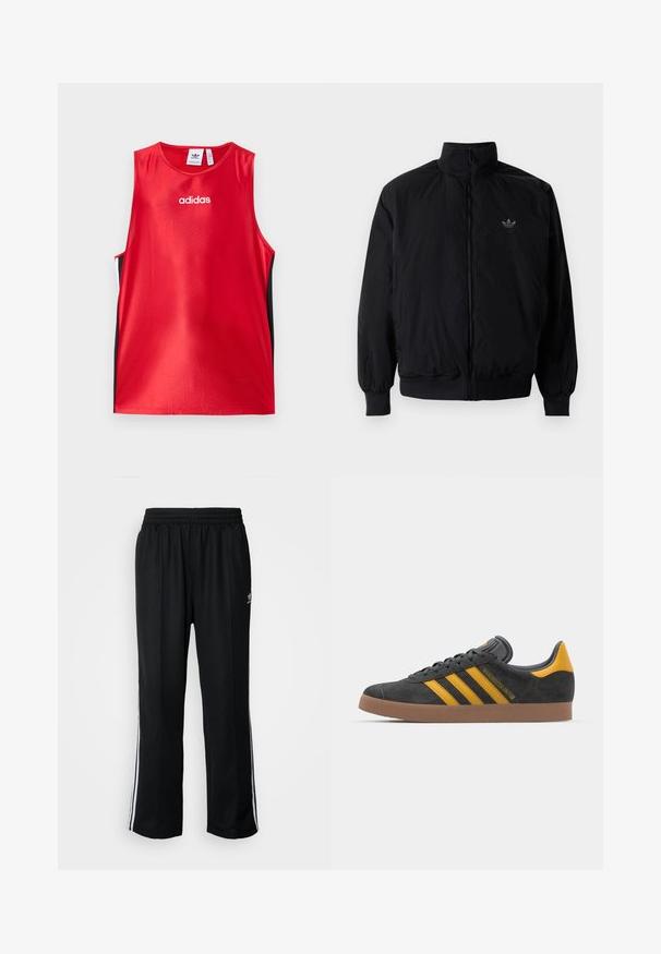 Black zipped jacket with high collar, made of lightweight material. Features elastic cuffs and waistband, with a small logo on the upper left.; Red sleeveless athletic tank top, made from smooth fabric. Features black side panels and white "adidas" logo on the front.; Black athletic pants with an elastic waistband, featuring white side stripes and a small logo. Material appears soft and lightweight.; Black suede sneaker with yellow accents, featuring three stripes and a brown rubber sole. Includes a padded tongue for comfort.