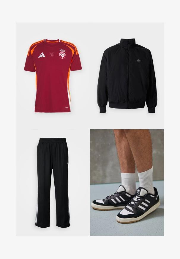 Schwarze Jacke mit Reißverschluss und hohem Kragen, aus leichtem Material gefertigt. Verfügt über elastische Bündchen und einen elastischen Saum, mit einem kleinen Logo oben links.; adidas Performance LATVIAN LFF HOME - Fußball-Trikot - team burgundy; Schwarze Sporthosen mit elastischem Bund, ausgestattet mit weißen Seitenstreifen und einem kleinen Logo. Das Material wirkt weich und leicht.; Schwarz-weiße Sneaker mit einem Obermaterial aus Wildleder und Leder, ausgestattet mit drei weißen Streifen, einer perforierten Zehenpartie und einer Sohle aus Gummi.