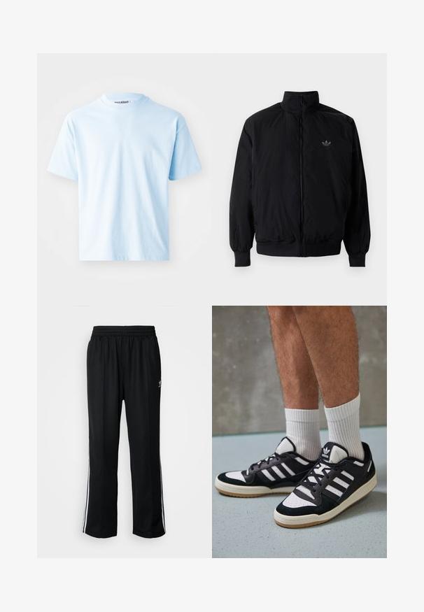 Svart zipjacka med hög krage, tillverkad av lätt material. Har elastiska cuffar och midja, med en liten logo på övre vänster.; Ljusblå bomulls-T-shirt med korta ärmar, rund halsringning och minimala sömmar. Etiketten "WEEKDAY" är synlig vid nacken.; Svarta träningsbyxor med elastisk midja, med vita sidostreck och en liten logotyp. Materialet verkar mjukt och lätt.; Svartvita sneakers med ovandel i mocka och läder, med tre vita ränder, perforerad tå och sula av gummigummi.