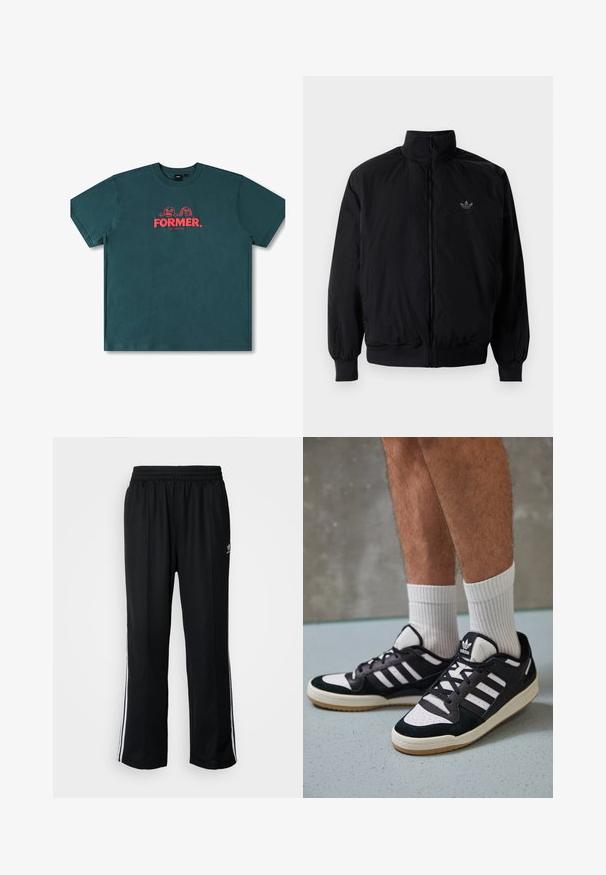 Czarna kurtka zapinana na zamek z wysokim kołnierzem, wykonana z lekkiego materiału. Posiada elastyczne mankiety i pas, oraz małe logo na górnej lewej stronie.; Miętowa bawełniana koszulka z krótkimi rękawami, okrągłym dekoltem i centralnym graficznym motywem z napisem "FORMER." oraz zabawnymi postaciami w czerwonym kolorze.; Czarne sportowe spodnie z elastycznym paskiem w talii, z białymi paskami po bokach i małym logo. Materiał wydaje się miękki i lekki.; Czarno-białe sneakersy z zamszową i skórzaną cholewką, z trzema białymi paskami, perforowanym czubkiem i gumową podeszwą w kolorze gumy.