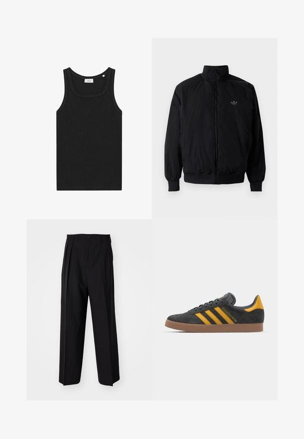 Černá zipová bunda s vysokým límcem, vyrobená z lehkého materiálu. Má elastické manžety a pas, s malým logem na horní levé straně.; Černá bezrukávová tílko vyrobené z měkké látky. Má kulatý výstřih a čisté okraje, s jednoduchým designem a bez viditelných log.; Černé skládací kalhoty s rovnými, širokými nohavicemi. Vyrobené z hladké tkaniny, se zapínáním na knoflík a poutky na opasek.; Černé semišové tenisky se žlutými akcenty, vybavené třemi pruhy a hnědou gumovou podrážkou. Obsahují polstrovaný jazyk pro pohodlí.