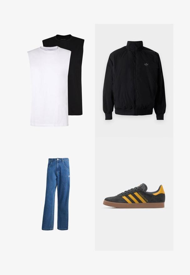 Giacca nera con zip e colletto alto, realizzata in materiale leggero. Presenta polsini e vita elastici, con un piccolo logo in alto a sinistra.; T-shirt in cotone senza maniche bianche e nere con scollatura rotonda, texture liscia e design minimalista. Adatti a diverse situazioni casual.; Jeans di denim a vita alta e gamba larga blu, con tasche frontali, passanti per cintura, chiusura a bottone e piccolo logo Adidas sulla coscia destra.; Sneaker in suede nero con dettagli gialli, dotato di tre strisce e una suola in gomma marrone. Include una linguetta imbottita per il comfort.