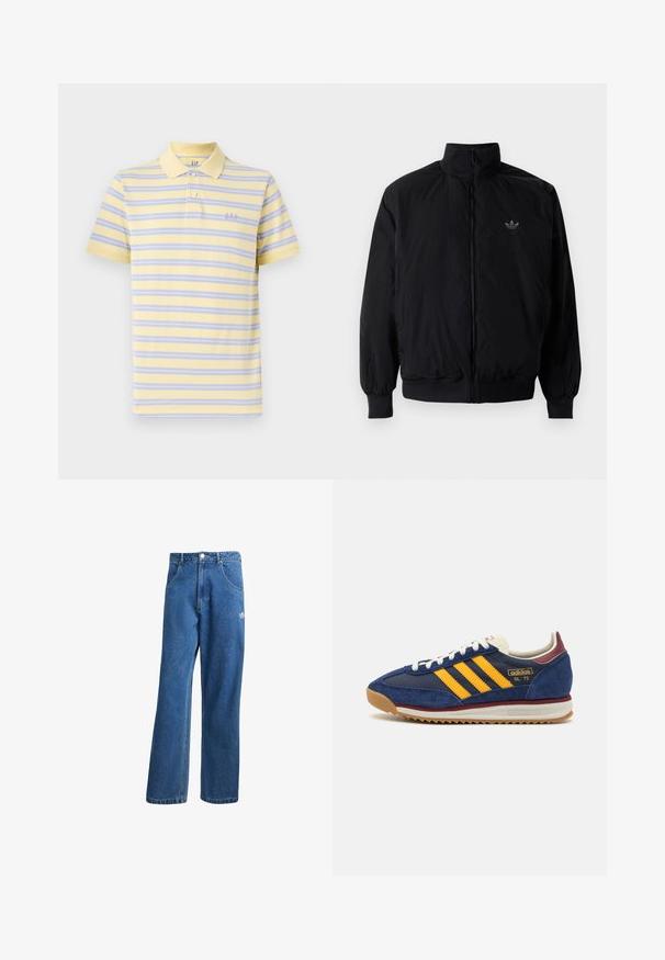 Sort lynlåsjakke med høj krave, fremstillet af letvægtsmateriale. Har elastiske manchetter og talje, med et lille logo på øverste venstre side.; Kortærmet polo skjorte i blød gul med lilla og blå vandrette striber. Har en klassisk krave og broderet "GAP" logo på brystet.; Blå højtaljede viddebukser i denim med forlommer, bælteløkker, knaplukning og lille Adidas-logo på højre lår.; Marineblå suede sneakers med gule striber, hvide snørebånd og burgunder accenter. Tekstureret sål med riller for bedre greb. Brandlogo på siden.