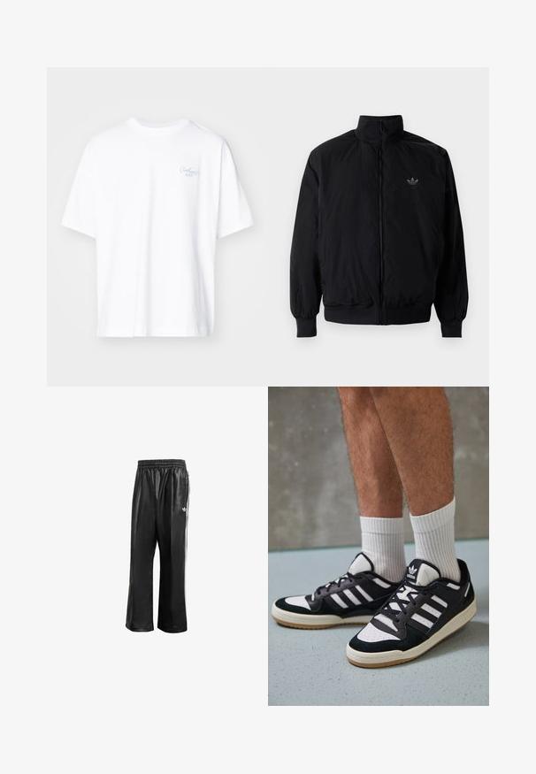 Schwarze Jacke mit Reißverschluss und hohem Kragen, aus leichtem Material gefertigt. Verfügt über elastische Bündchen und einen elastischen Saum, mit einem kleinen Logo oben links.; Carhartt WIP SIGNATURE SCRIPT - T-Shirt basic - white/dusty ice; Schwarze synthetische Sporthosen mit elastischem Taillenbund, ausgestattet mit weißen Seitenstreifen und einem kleinen weißen Logo auf der linken Hüfte.; Schwarz-weiße Sneaker mit einem Obermaterial aus Wildleder und Leder, ausgestattet mit drei weißen Streifen, einer perforierten Zehenpartie und einer Sohle aus Gummi.