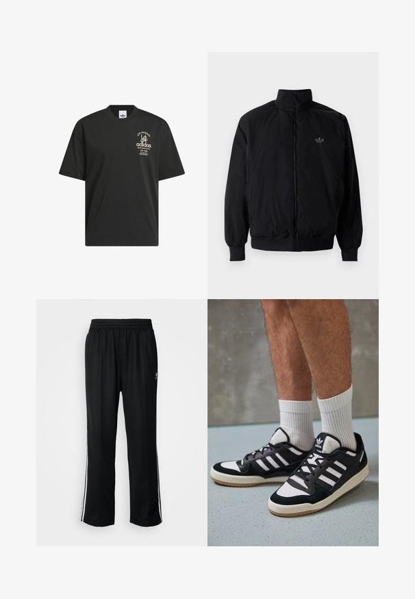 Černá zipová bunda s vysokým límcem, vyrobená z lehkého materiálu. Má elastické manžety a pas, s malým logem na horní levé straně.; Černé bavlněné tričko s krátkým rukávem, kulatým výstřihem a bílým potiskem loga s nápisy "Los Angeles" a "Adidas" na přední straně.; Černé sportovní kalhoty s elastickým pasem, s bílými bočními pruhy a malým logem. Materiál vypadá měkce a lehce.; Černobílé tenisky s vrchní částí z semišové a kožené kůže, včetně tří bílých pruhů, perforovaného špičky a podrážky z gumy.