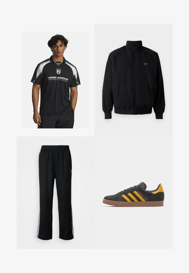 Černá zipová bunda s vysokým límcem, vyrobená z lehkého materiálu. Má elastické manžety a pas, s malým logem na horní levé straně.; Černé sportovní polo tričko s krátkým rukávem, bílými akcenty a vyšitým logem. Vyrobeno z prodyšného materiálu, ideální pro aktivní nošení.; Černé sportovní kalhoty s elastickým pasem, s bílými bočními pruhy a malým logem. Materiál vypadá měkce a lehce.; Černé semišové tenisky se žlutými akcenty, vybavené třemi pruhy a hnědou gumovou podrážkou. Obsahují polstrovaný jazyk pro pohodlí.