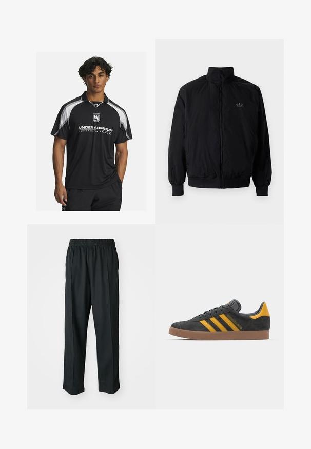 Czarna kurtka zapinana na zamek z wysokim kołnierzem, wykonana z lekkiego materiału. Posiada elastyczne mankiety i pas, oraz małe logo na górnej lewej stronie.; Czarna koszulka polo sportowa z krótkim rękawem, z białymi akcentami i haftowanym logo. Wykonana z oddychającego materiału, idealna na odzież sportową.; Czarne spodnie sportowe z elastycznym pasem, wykonane z gładkiego materiału, z subtelnym przeszyciem po bokach i luźnym krojem, prostą nogawką.; Czarne zamszowe sneakersy z żółtymi akcentami, z trzema paskami i brązową gumową podeszwą. Posiadają wyściełany język dla większego komfortu.