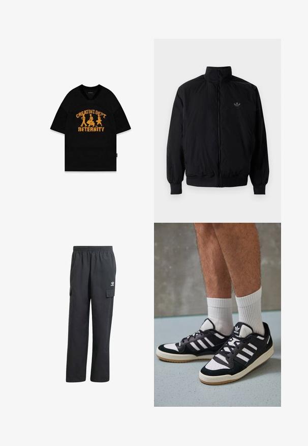 Crna jakna na zip s visokim ovratnikom, izrađena od laganog materijala. Ima elastične manžete i pojas, s malim logotipom na gornjem lijevom dijelu.; Crna majica kratkih rukava s natpisom "KREATIVNI ODJEL RETERNITY" u iznošenom žutom tekstu i tri figure, dizajnirana s mrežastom teksturom.; Crne cargo hlače s elastičnim pojasom, dva bočna džepa i suptilan logo na lijevom bedru. Izrađene su od lagane tkanine.; Crne i bijele tenisice s gornjim dijelom od antilopa i kože, s tri bijele pruge, perforiranim prstom i gumiranim potplatom.