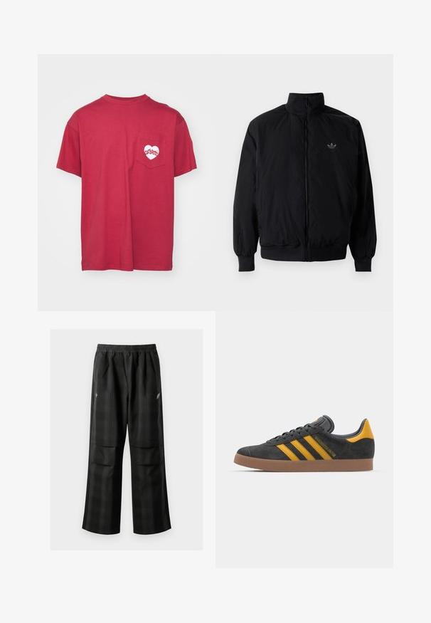 Musta vetoketjullinen takki, jossa on korkea kaulus, valmistettu kevyestä materiaalista. Varustettu joustavilla hihoilla ja vyötäröllä, ja ylävasemmalla on pieni logo.; Carhartt WIP AMOUR POCKET - Printtipaita - tuscany/white; Mustat ruudulliset housut, joissa on joustava vyötärö, kaksi etutaskua ja rento istuvuus suoralla lahkeella. Valmistettu kevyestä materiaalista.; Mustat samettiset tennarit, joissa on keltaisia yksityiskohtia, kolmonen raita ja ruskea kumipohja. Sisältää pehmustetun kielisen mukavuutta varten.