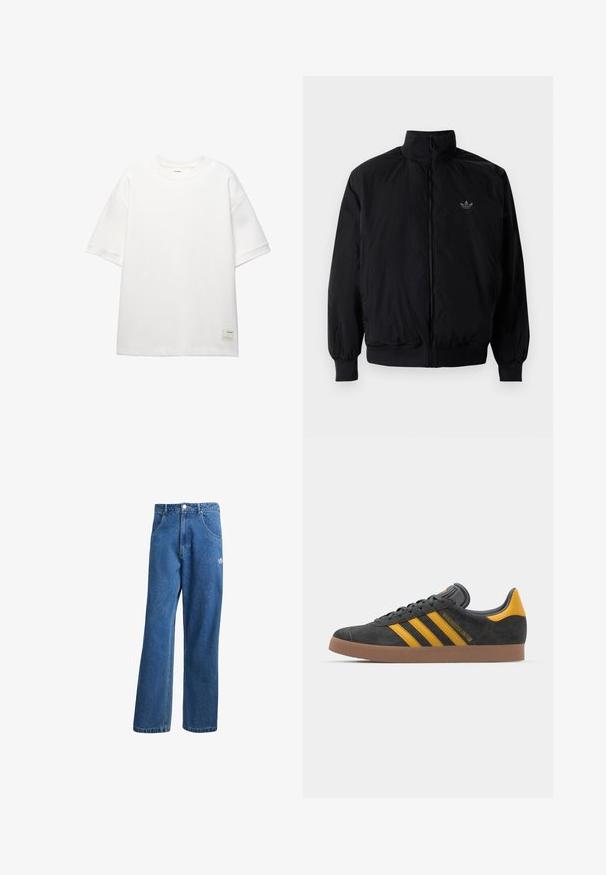 Svart zipjacka med hög krage, tillverkad av lätt material. Har elastiska cuffar och midja, med en liten logo på övre vänster.; PULL&BEAR SHORT SLEEVE - PLUSH - T-shirt - bas - white; Blå högmidjade vida jeans i denim med framfickor, bältesloopar, knappstängning och liten Adidas-logga på högra låret.; Svart mockaskor med gula accenter, med tre ränder och en brun gummisula. Inkluderar en vadderad tunga för extra komfort.