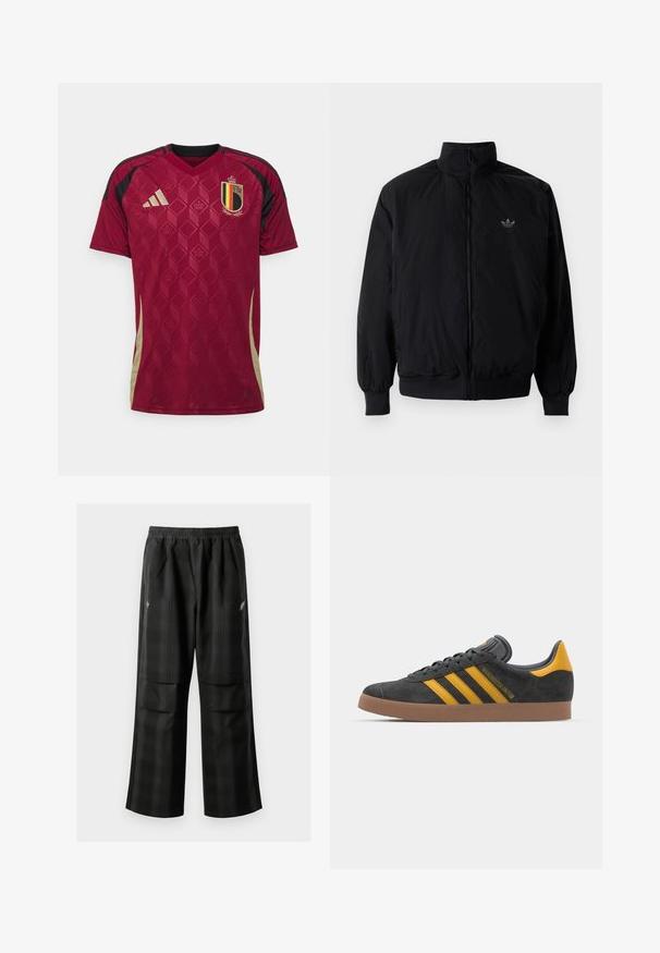 Černá zipová bunda s vysokým límcem, vyrobená z lehkého materiálu. Má elastické manžety a pas, s malým logem na horní levé straně.; adidas Performance BELGIUM 24 HOME - Fotbalový dres - burgundy; Černé kostkované kalhoty s elastickým pasem, dvěma předními kapsami a volným střihem se rovnými nohavicemi. Vyrobeny z lehkého materiálu.; Černé semišové tenisky se žlutými akcenty, vybavené třemi pruhy a hnědou gumovou podrážkou. Obsahují polstrovaný jazyk pro pohodlí.