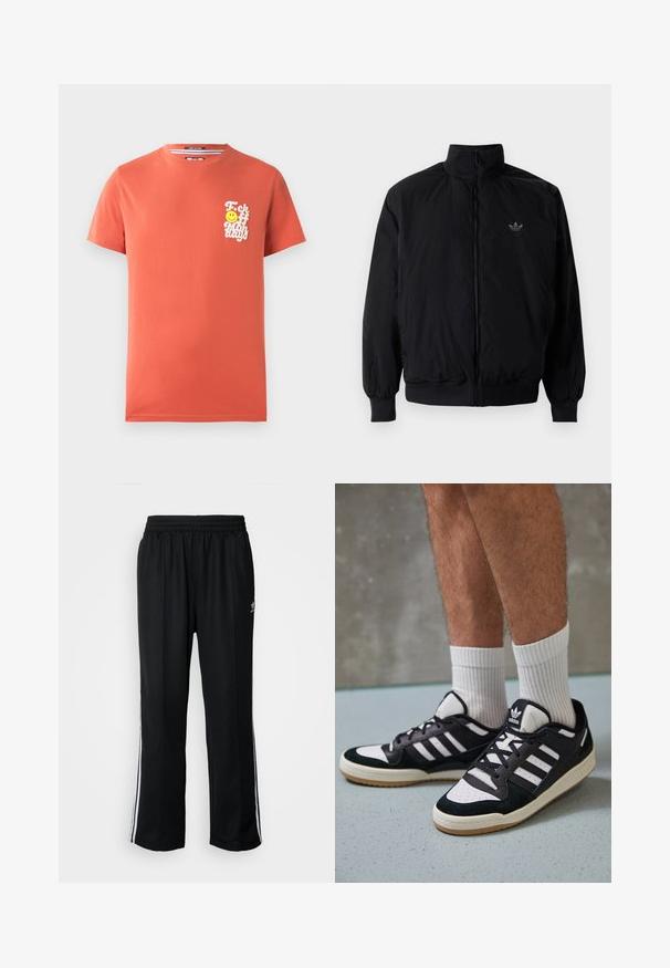 Black zipped jacket with high collar, made of lightweight material. Features elastic cuffs and waistband, with a small logo on the upper left.; Short-sleeve t-shirt in coral cotton. Features a white graphic with text and a smiley face on the left chest area. Round neckline.; Black athletic pants with an elastic waistband, featuring white side stripes and a small logo. Material appears soft and lightweight.; Black and white sneakers with a suede and leather upper, featuring three white stripes, a perforated toe, and a gum rubber sole.