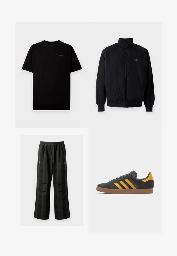 Chaqueta negra con cremallera y cuello alto, hecha de material ligero. Cuenta con puños y cinturilla elásticos, y un pequeño logo en la parte superior izquierda.; Camiseta de algodón negra de manga corta y cuello redondo. Presenta un pequeño logo "Last Resort AB" bordado en un color claro en el pecho.; Pantalones de cuadros negros con cintura elástica, dos bolsillos frontales y un ajuste holgado con diseño de pierna recta. Fabricados en material ligero.; Zapatillas de ante negro con acentos amarillos, que presentan tres franjas y una suela de goma marrón. Incluyen una lengüeta acolchada para mayor comodidad.