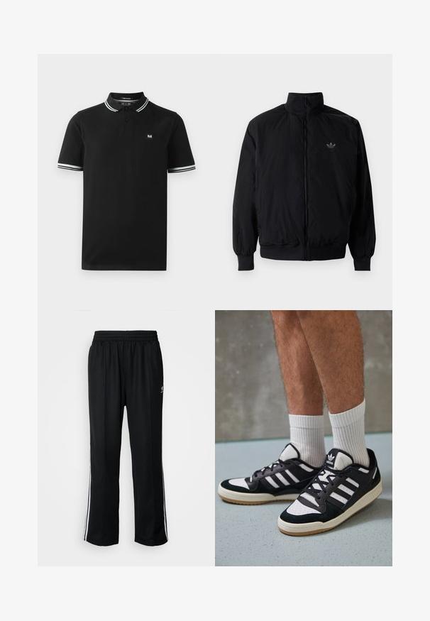 Musta vetoketjullinen takki, jossa on korkea kaulus, valmistettu kevyestä materiaalista. Varustettu joustavilla hihoilla ja vyötäröllä, ja ylävasemmalla on pieni logo.; Mustapaita, joka on valmistettu puuvillasta ja siinä on kaksinappinen kaulus, valko-harmaa raidallinen kaulus ja hihansuut sekä pieni logo-patch rinnassa.; Mustat urheiluhousut, joissa on joustava vyötärö, valkoiset sivuraidat ja pieni logo. Materiaali näyttää pehmeältä ja kevyeltä.; Valkoiset ja mustat tennarit, joissa on mokkanahka- ja nahkapäällinen, kolme valkoista raitaa, rei'itetty kärki ja kumipohja.