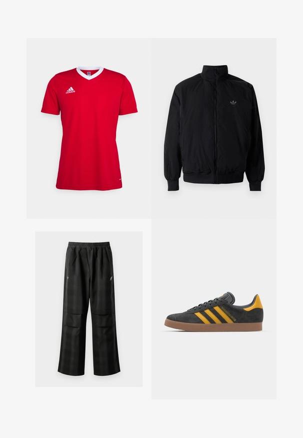 Black zipped jacket with high collar, made of lightweight material. Features elastic cuffs and waistband, with a small logo on the upper left.; Red Adidas soccer jersey with white v-neck collar. Short sleeves and subtle branding on the left chest area. Smooth fabric texture.; Black plaid pants featuring an elastic waistband, two front pockets, and a loose fit with a straight leg design. Made from lightweight material.; Black suede sneaker with yellow accents, featuring three stripes and a brown rubber sole. Includes a padded tongue for comfort.
