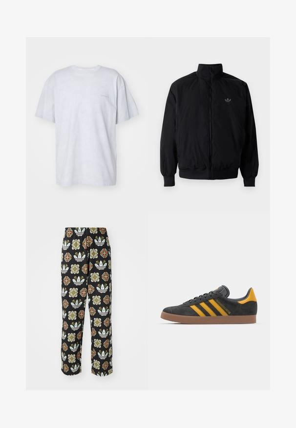 Schwarze Jacke mit Reißverschluss und hohem Kragen, aus leichtem Material gefertigt. Verfügt über elastische Bündchen und einen elastischen Saum, mit einem kleinen Logo oben links.; Carhartt WIP DUSTER SCRIPT - T-Shirt basic - basalt; Schwarze Hose mit einem ausgeklügelten Muster aus verschiedenen Formen, einschließlich floraler Designs und Streifen in Orange, Grün und Weiß.; Schwarze Wildledersneaker mit gelben Akzenten, ausgestattet mit drei Streifen und einer braunen Gummisohle. Enthält eine gepolsterte Zunge für zusätzlichen Komfort.