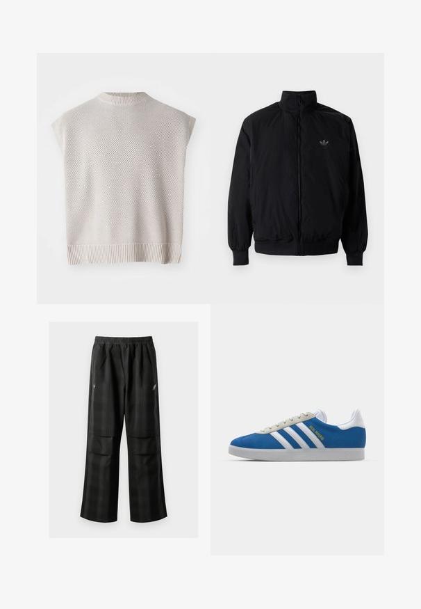 Schwarze Jacke mit Reißverschluss und hohem Kragen, aus leichtem Material gefertigt. Verfügt über elastische Bündchen und einen elastischen Saum, mit einem kleinen Logo oben links.; Hellbeige gestricktes ärmelloses Top mit ribbeligem Saum und rundem Hals. Verfügt über ein strukturiertes Muster und ein locker sitzendes Design.; Schwarze karierte Hosen mit elastischem Bund, zwei Fronttaschen und lockerer Passform im geraden Beinschnitt. Hergestellt aus leichtem Material.; adidas Originals ADIDAS GAZELLE SHOES - Indoor-Fußballschuhe - real madrid/bluebird/footwear white/crew yellow