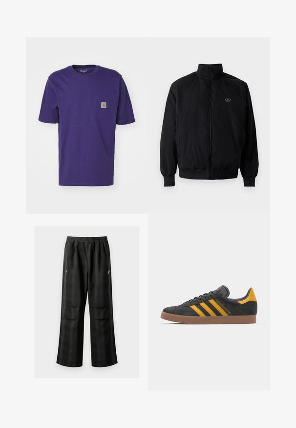 Čierna zips kombinéza s vysokým golierom, vyrobená z ľahkého materiálu. Obsahuje elastické manžety a pás, s malým logom na hornej ľavej strane.; Carhartt WIP POCKET - Základné tričko - aura; Čierne kockované nohavice s elastickým pásom, dvoma prednými vreckami a voľným strihom so rovnými nohavicami. Vyrobené z ľahkého materiálu.; Čierne semišové tenisky so žltými akcentmi, ktoré majú tri pruhy a hnedú gumovú podrážku. Obsahujú vypolstrovaný jazyk pre pohodlie.