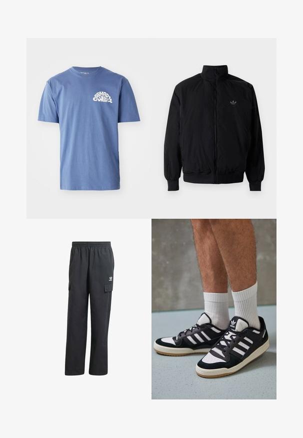 Black zipped jacket with high collar, made of lightweight material. Features elastic cuffs and waistband, with a small logo on the upper left.; Blue cotton t-shirt featuring a rounded white graphic print on the left chest. Standard crew neck, short sleeves, and relaxed fit.; Black cargo pants with an elastic waistband, two side pockets, and a subtle logo on the left thigh. Made from a lightweight fabric.; Black and white sneakers with a suede and leather upper, featuring three white stripes, a perforated toe, and a gum rubber sole.