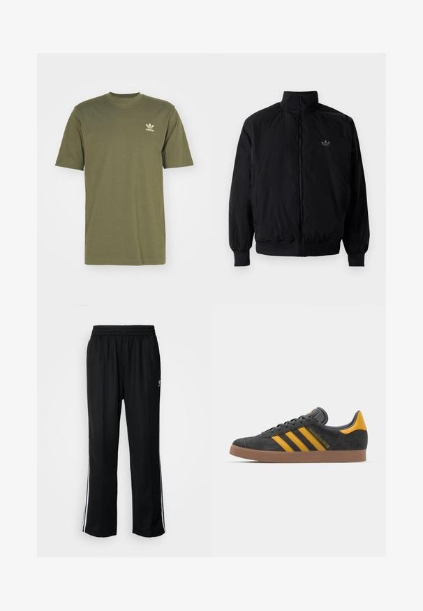 Svart zipjacka med hög krage, tillverkad av lätt material. Har elastiska cuffar och midja, med en liten logo på övre vänster.; adidas Originals TREFOIL ESSENTIALS - T-shirt med print - olive strata; Svarta träningsbyxor med elastisk midja, med vita sidostreck och en liten logotyp. Materialet verkar mjukt och lätt.; Svart mockaskor med gula accenter, med tre ränder och en brun gummisula. Inkluderar en vadderad tunga för extra komfort.