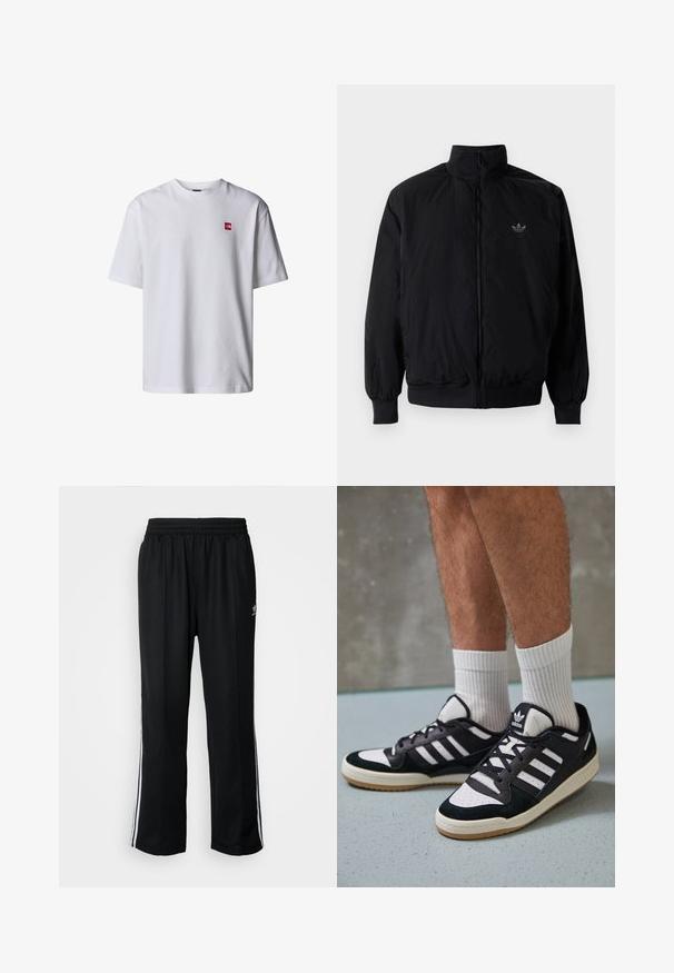Musta vetoketjullinen takki, jossa on korkea kaulus, valmistettu kevyestä materiaalista. Varustettu joustavilla hihoilla ja vyötäröllä, ja ylävasemmalla on pieni logo.; Valkoinen lyhythihainen T-paita, jossa on pieni punainen neliölogo vasemmassa rinnassa, pyöreä kaulus ja rento istuvuus.; Mustat urheiluhousut, joissa on joustava vyötärö, valkoiset sivuraidat ja pieni logo. Materiaali näyttää pehmeältä ja kevyeltä.; Valkoiset ja mustat tennarit, joissa on mokkanahka- ja nahkapäällinen, kolme valkoista raitaa, rei'itetty kärki ja kumipohja.